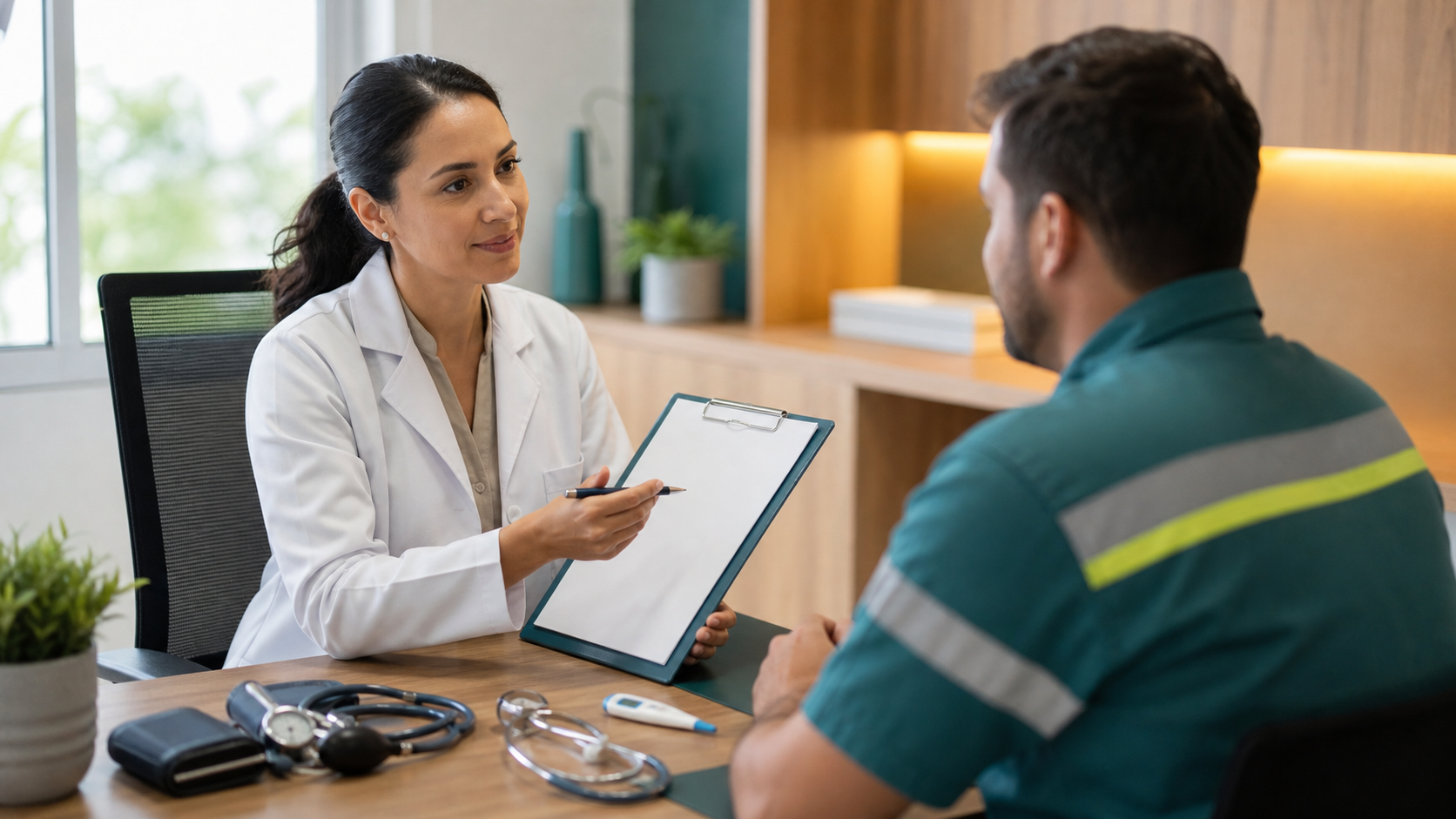 Médica do trabalho atendendo trabalhador em exame ocupacional