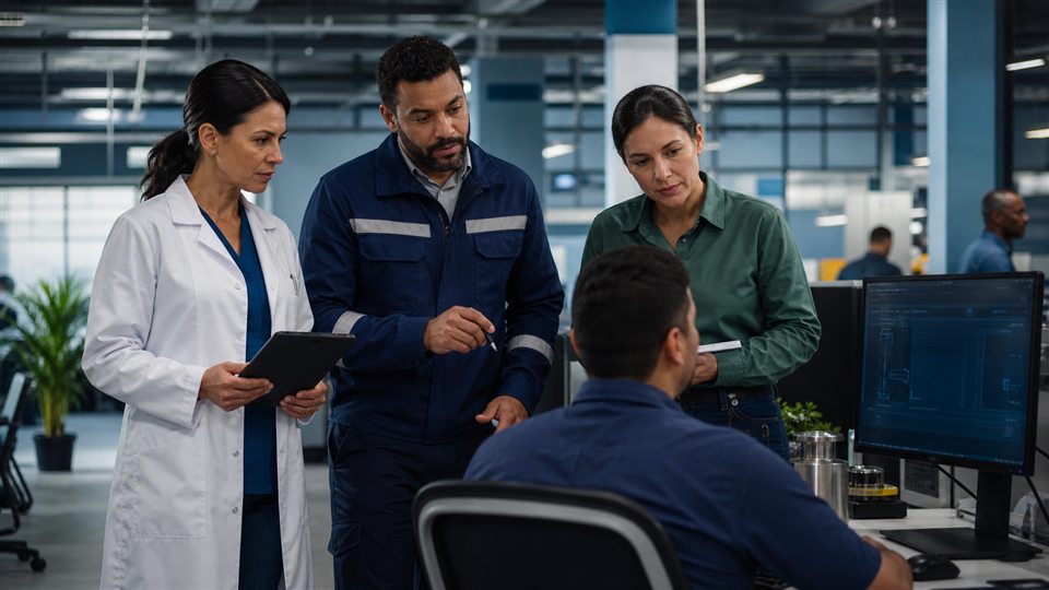 Equipe multidisciplinar avaliando riscos psicossociais no ambiente de trabalho