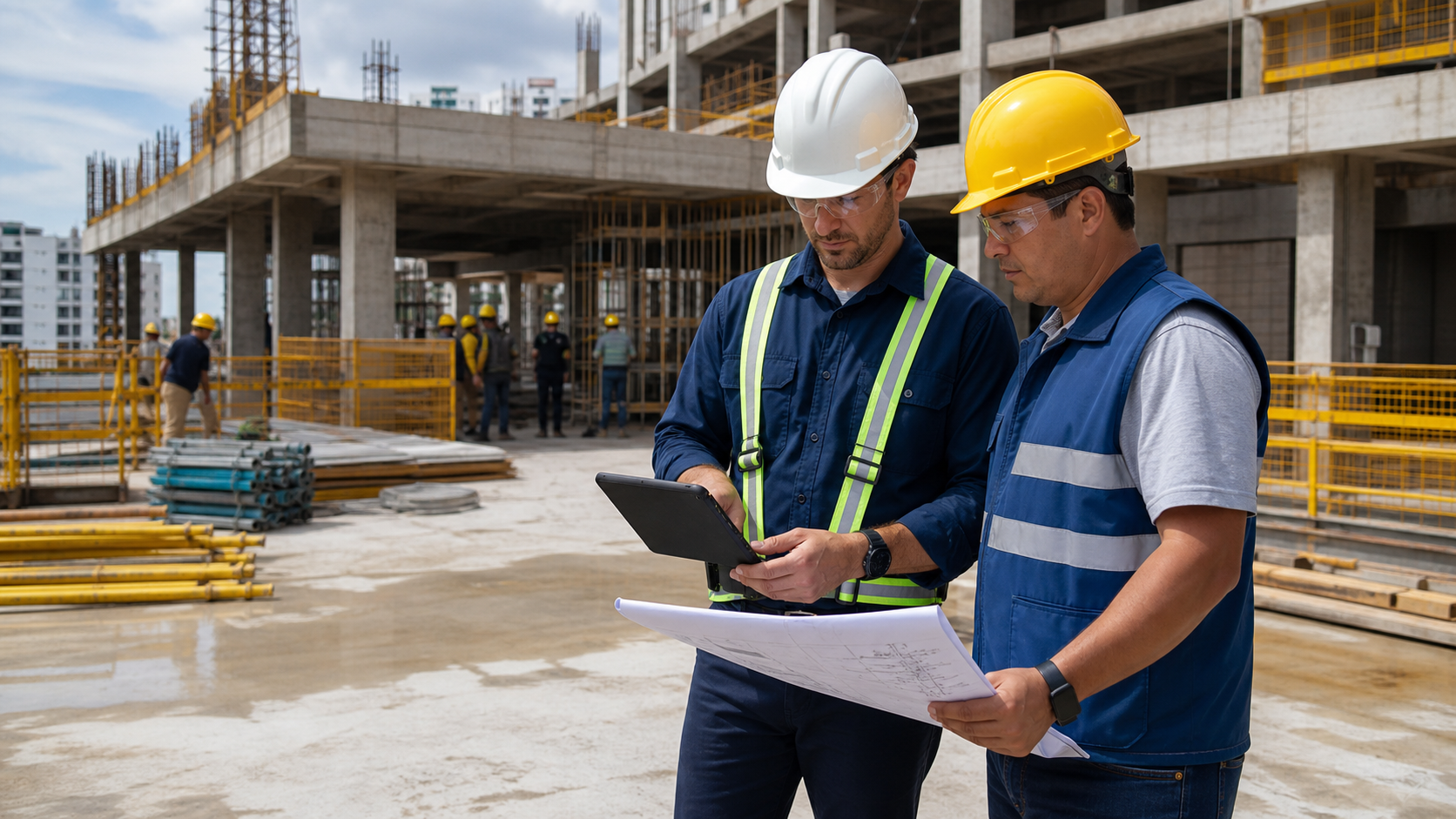 Engenheiro de segurança e gestor revisando o PGR em canteiro de obras